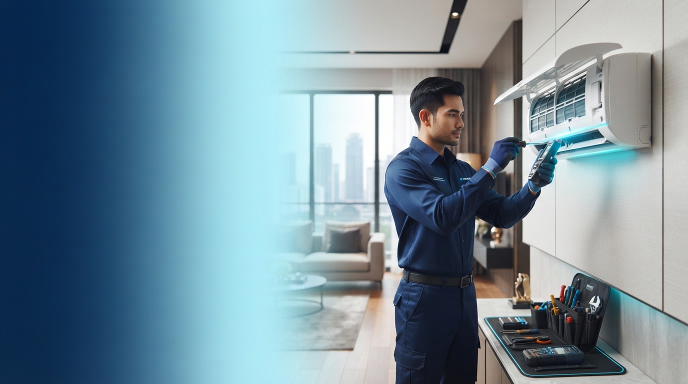 Aircon Master technician servicing a wall-mounted air conditioner in Johor Bahru